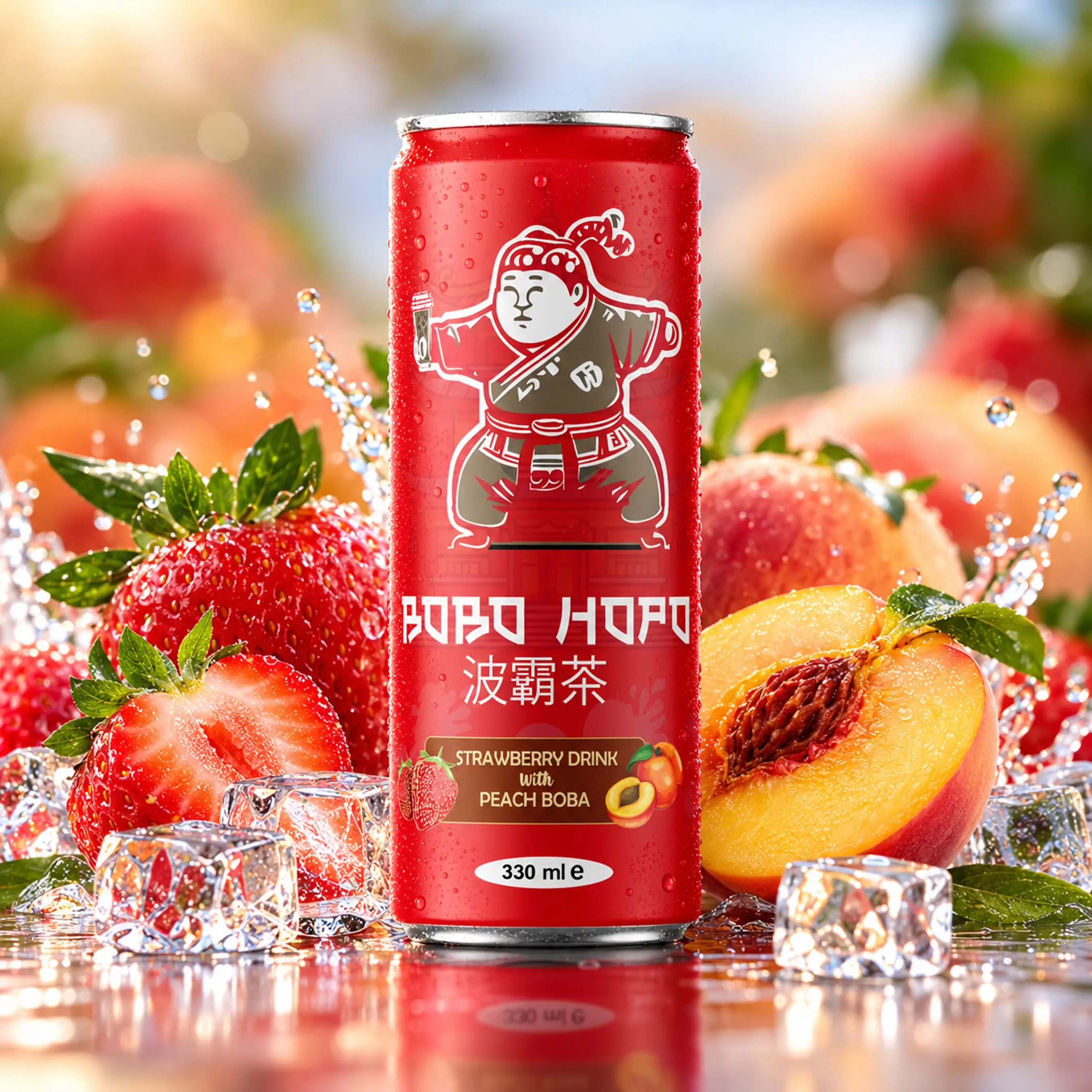 Bobo Hopo 330 ml strawberry drink with peach boba, fresh strawberries, peaches and ice cubes.